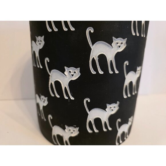 Black Utensil Crock With White Cat Design 6.5" Tall Utensil Crock Halloween Ston - Picture 2 of 6